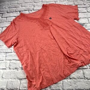 Catherines Womens 2X Peach Short Sleeve V Neck Lace Trim Plus Size Top NWT